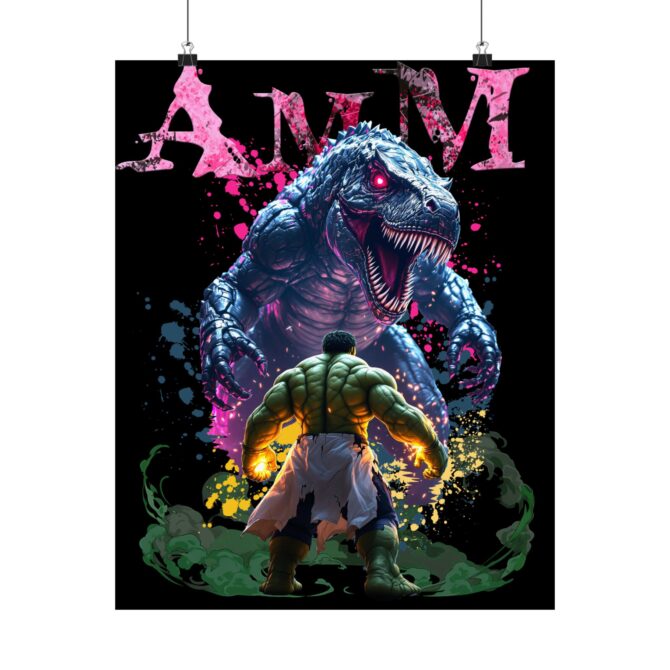 Clash of Titans Tee: Hulk vs T-Rex Showdown Matte Vertical Posters - Image 51